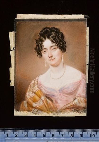 A Lady Wearing Pink Dress With White Underslip, Ochre Shawl With Pale Green And Pink Stripes Wrapped Around Her Shoulders, Pearl Necklace And Matching Drop Pearl Earrings - view 1