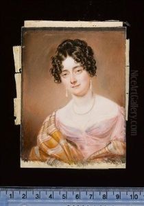 A Lady Wearing Pink Dress With White Underslip, Ochre Shawl With Pale Green And Pink Stripes Wrapped Around Her Shoulders, Pearl Necklace And Matching Drop Pearl Earrings by John Cox Dillman Engleheart
