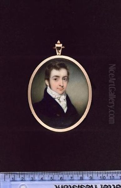 A Young Gentleman Wearing Blue Coat, White Waistcoat, Frilled Chemise And Stock Tied With A Large Bow - view 1