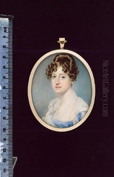 A Lady, Wearing Pale Blue Dress, The Sleeve Slashed To Reveal White, White Fichu, Embroidered White Shawl Over Her Right Shoulder And Gold Chain Necklace - view 1