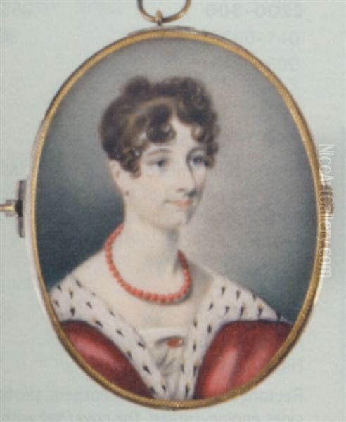 A Noblewoman In A Low-cut Dress And Ermine-bordered Red Cloak Over Her Shoulders, Wearing A Red Beaded Necklace, Dark Hair Upswept - view 1