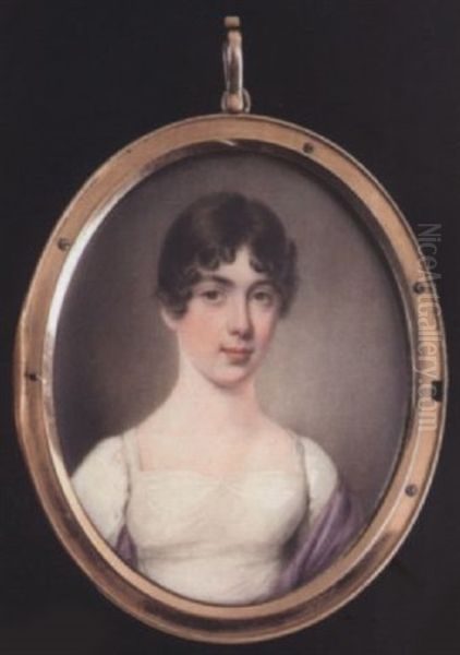 A Young Lady Wearing White Dress, A Mauve Shawl Over Her Shoulders, Her Dark Brown Hair Worn Curled And Short - view 1