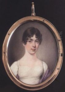 A Young Lady Wearing White Dress, A Mauve Shawl Over Her Shoulders, Her Dark Brown Hair Worn Curled And Short