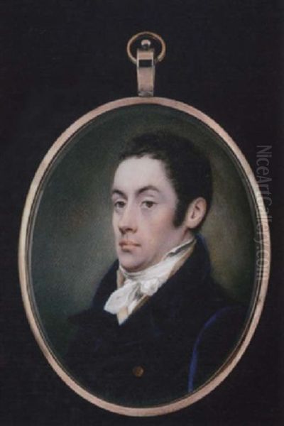 A Gentleman With Short Dark Hair, Wearing Double-breasted Blue Coat With Gold Buttons, Cream Waistcoat And Tied White Stock - view 1