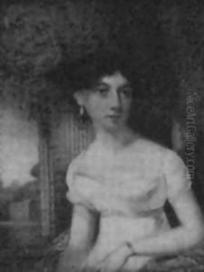 A Lady, In White Dress With Blue Ribbon Waistband, A Gold Bracelet On Her Wrist, Drop Pearl Earrings