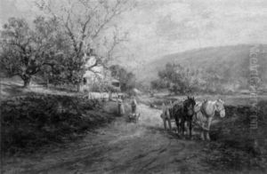 Country Landscape With Figures Conversing Beside A Horse Drawn Cart