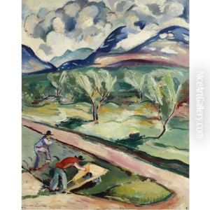 Tradgardsmastare Vid Fruktodling (orchard With Workers And Mountains) by Leander Engstroem the Elder