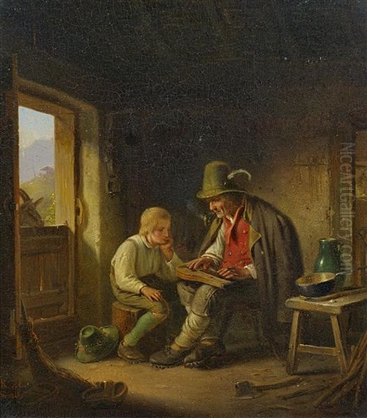 Zupfbrettspieler Und Bub In Der Stube - view 1