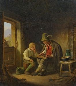 Zupfbrettspieler Und Bub In Der Stube by Karl Von Enhuber