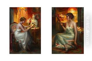 A Pair Of Portraits Of Glamorous Ladies At Their Dressing Tables