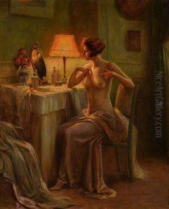 A Lady At Her Dressing Table By Lamplight by Delphin Enjolras
