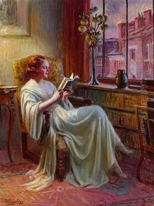Portrait Einer Lesenden In Malerischer Bibliothek Mit Ausblick Auf Pariser Hauser In Abendlicher Beleuchtung