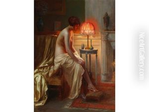 A Semi-nude Lady Seated Beside A Lamp In A Boudoir