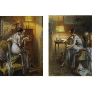 Young Woman Admiring Silk (+ Young Woman Reading; Pair) by Delphin Enjolras