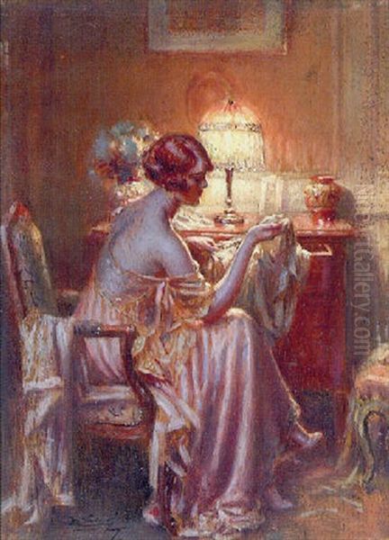 Jeune Femme En Deshabille Pres De La Lampe - view 1
