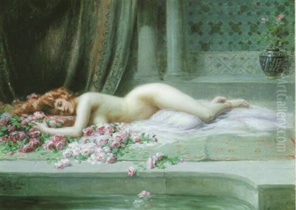 Nude By A Poolside, Surrounded By Pink Roses - view 1