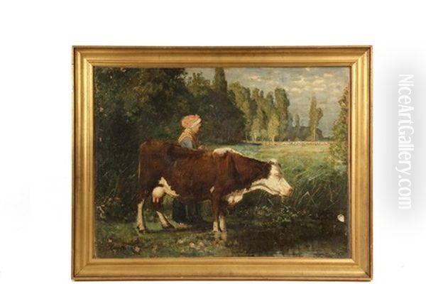 Woman With Cow Awaiting Shepherd With Flock - view 1