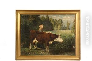 Woman With Cow Awaiting Shepherd With Flock by John Joseph Enneking