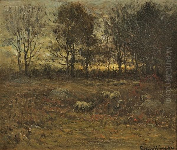 Sheep Grazing At Dusk - view 1