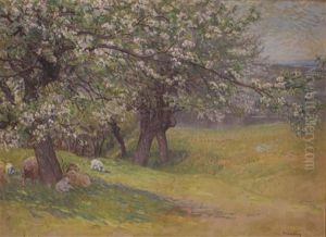A Rolling River Landscape With Sheep Under The Apple Blossoms