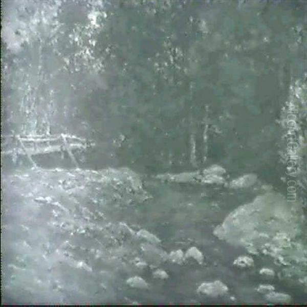 Stream With A Wooden Bridge, Autumn Sunset - view 1