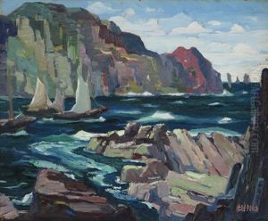 Coastal Scene With Boats At Inlet by George Pearse Ennis
