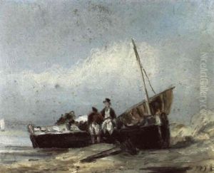 Barque Echouee Sur La Plage Et Deux Personnages by James Ensor