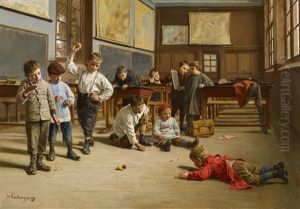 Schuljungen Beim Spielen Mit Kreiseln Im Klassenraum
