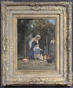 Mother And Daughter Feeding Chickens And Chicks