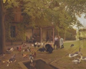 French Farmyard With Poultry And Children by Charles Bertrand d' Entraygues
