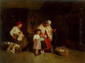 A Family In A Kitchen Interior by Charles Bertrand d' Entraygues