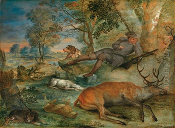 Ein Rastender Jager Mit Seinen Hunden In Einer Bewaldeten Landschaft, Die Strecke, Ein Kapitaler Hirsch, Ausgebreitet - view 1