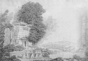 Muses Dansant Pres D'un Temple Antique by Fleury Epinat