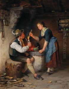 Young Couple By The Fireplace by Rudolf Epp