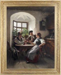 Wirtshausinterieur Mit Magd Und Zwei Burschen Beim Wein by Rudolf Epp