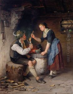 Junges Paar An Der Feuerstelle by Rudolf Epp