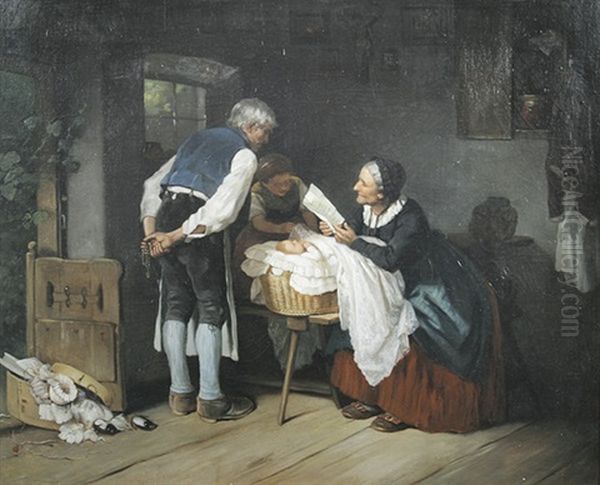 In Der Stube. Bauernfamilie An Der Wiege Eines Kindes - view 1