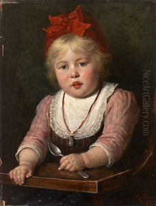 Portrait Eines Pausbackigen Kleinen Madchens, Im Kinderstuhl Auf Das Essen Wartend