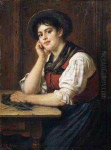 Bildnis Eines Bauernmadchens Mit Strickzeug An Einem Tisch