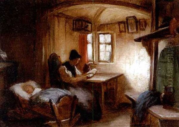 Interieur Mit Schlafendem Kind Und Lesender Frau - view 1