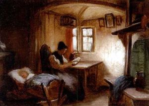 Interieur Mit Schlafendem Kind Und Lesender Frau