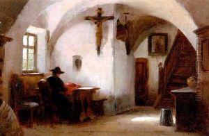 Interieur Mit Frau Bei Der Naharbeit - An Der Wand Ein Kruzifix by Rudolf Epp