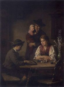 Zither Spielender Bub In Der Stube Mit Familie