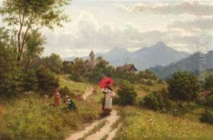 Mutter Mit Ihren Kindern In Sommerlicher Voralpenlandschaft by Rudolf Epp