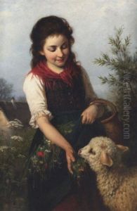 A Young Girl Feeding A Lamb by Rudolf Epp