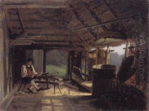 Der Fassdaubenschnitzer Aus Hottlingen Im Schwarzwald In Seiner Werkstatt Bei Der Arbeit by Rudolf Epp