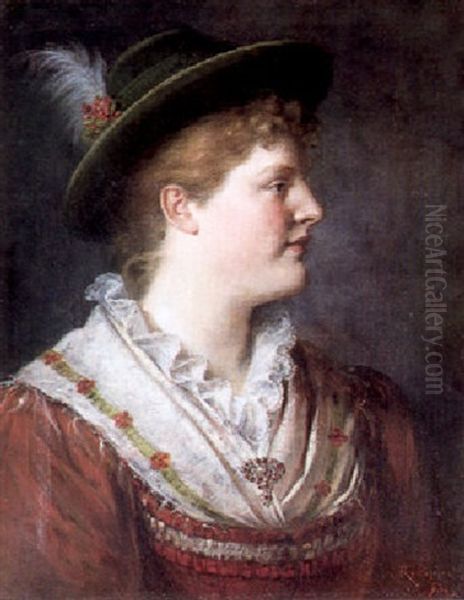 Portrait Of A Young Woman Wearing A Shawl And Feathered Hat - view 1