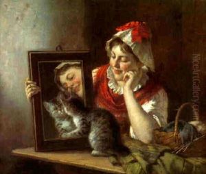 Spiel Eines Jungen Madchens Mit Ihrer Katze Um Das Eigene Spiegelbild by Rudolf Epp