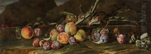 Still Life In A Landscape With Peaches, Plums And Artichokes.