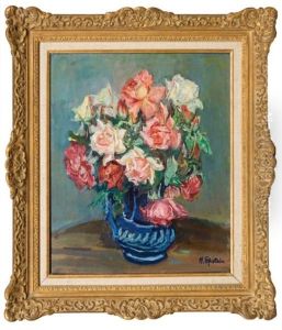 Bouquet De Roses Au Vase Bleu by Henri Epstein